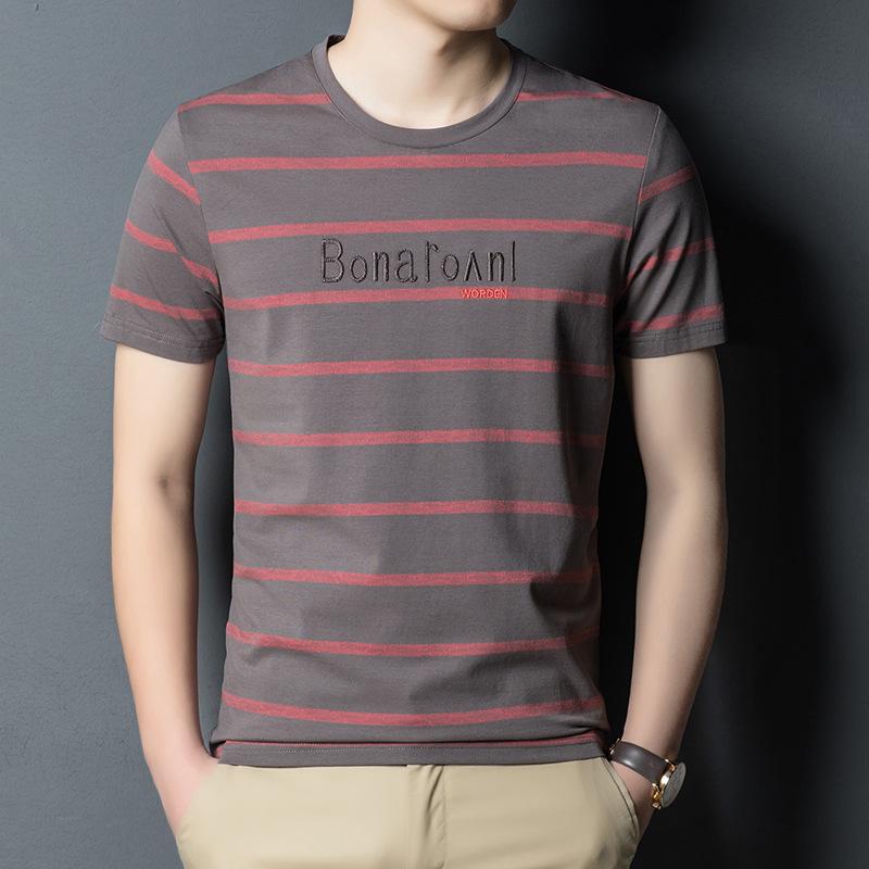 

Youth Men s Short-Sleeved T-shirt Summer Wear New Round Neck Striped Loose Cotton Thin Embroidery T-shirt Men s Undershirt Fashion