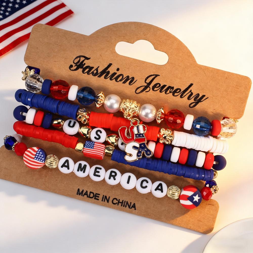 Independence Day Red, White & Blue Beaded Bracelet Set with Artificial Crystal & Polymer Clay