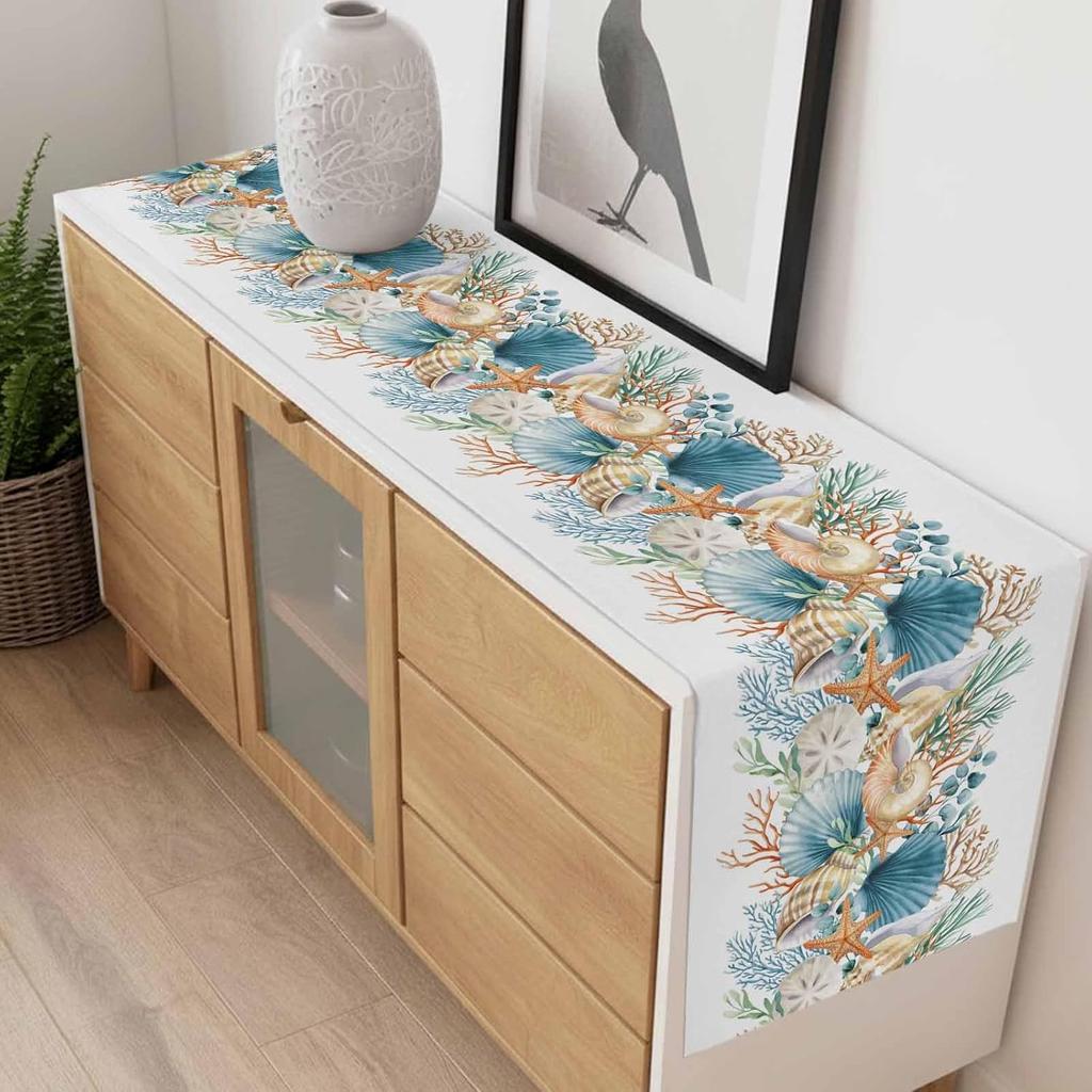 Summer Shell Starfish Coral Marine Life Linen Table Runner Party Decor Reusable Kitchen Dining Table Runner Wedding Decorations