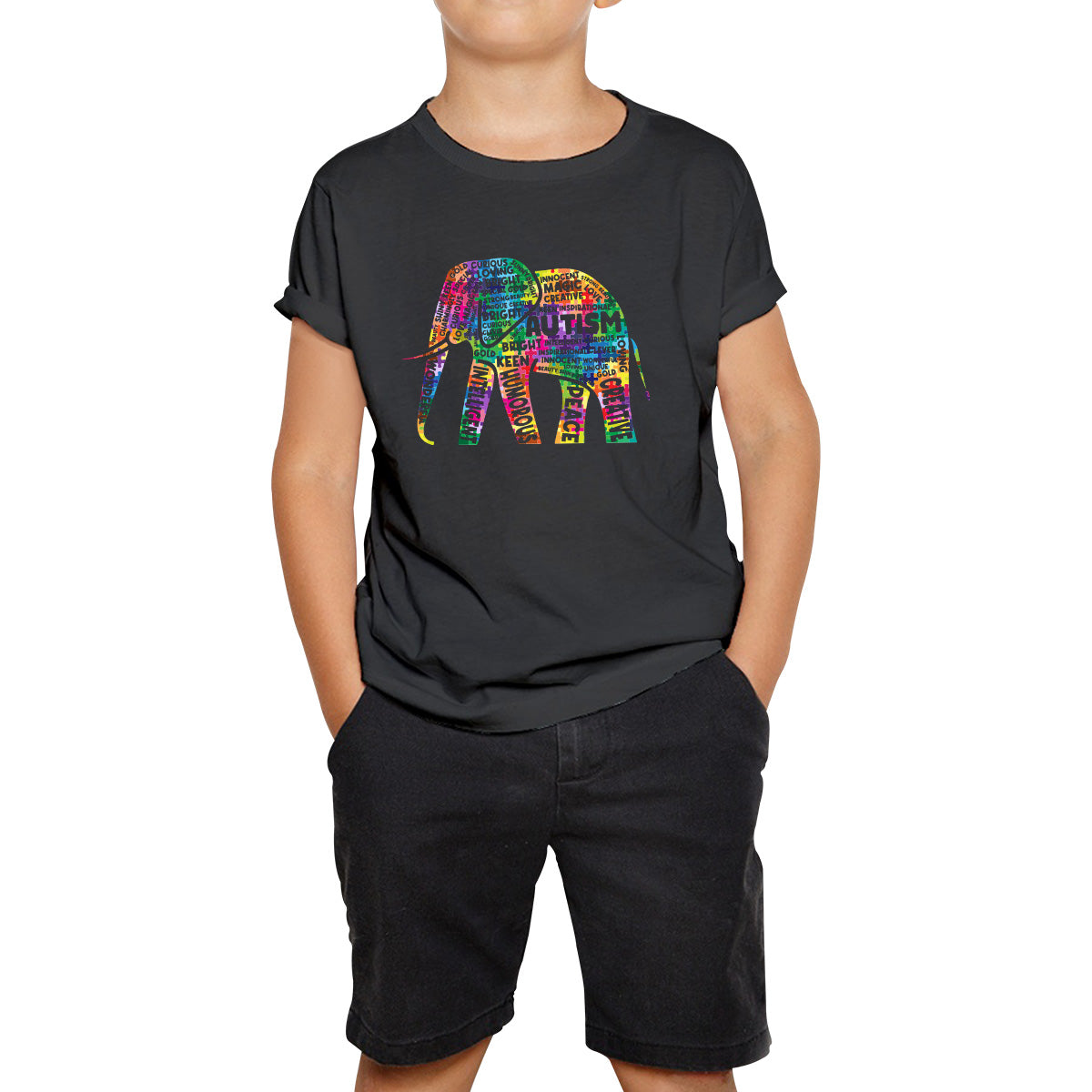 Autism Awareness Elephant word cloud Autism Elephant Autism Support Acceptance Kids T Shirt 110