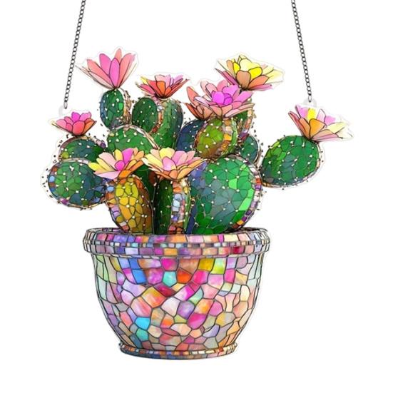 Acrylic Potted Cactus Hanging Decoration Stained Glass Cactus Flower Suncatcher