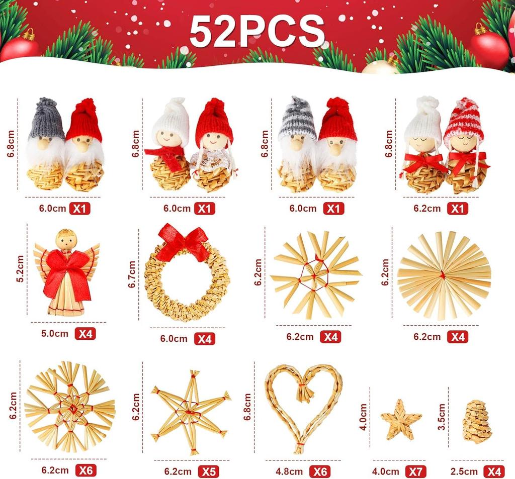 Christmas Tree Ornament Straw and Teru Teru Bou Perfect for Christmas and In a Wooden Box 52-Piece Set, Crafts, Snowflakes, (Lucky Dolls) - Gifts,