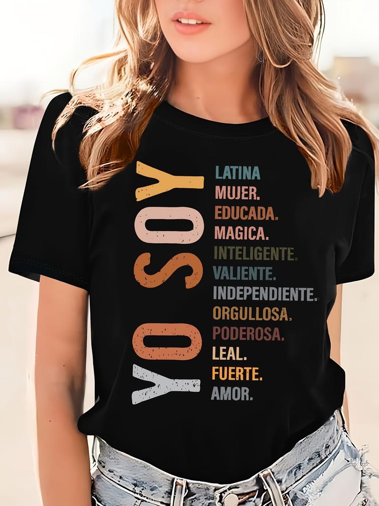Yo Soy Latino Spanish Faith Print Tshirt Casual Short Sleeve Crew Neck Top Stylish All Season Wo's C