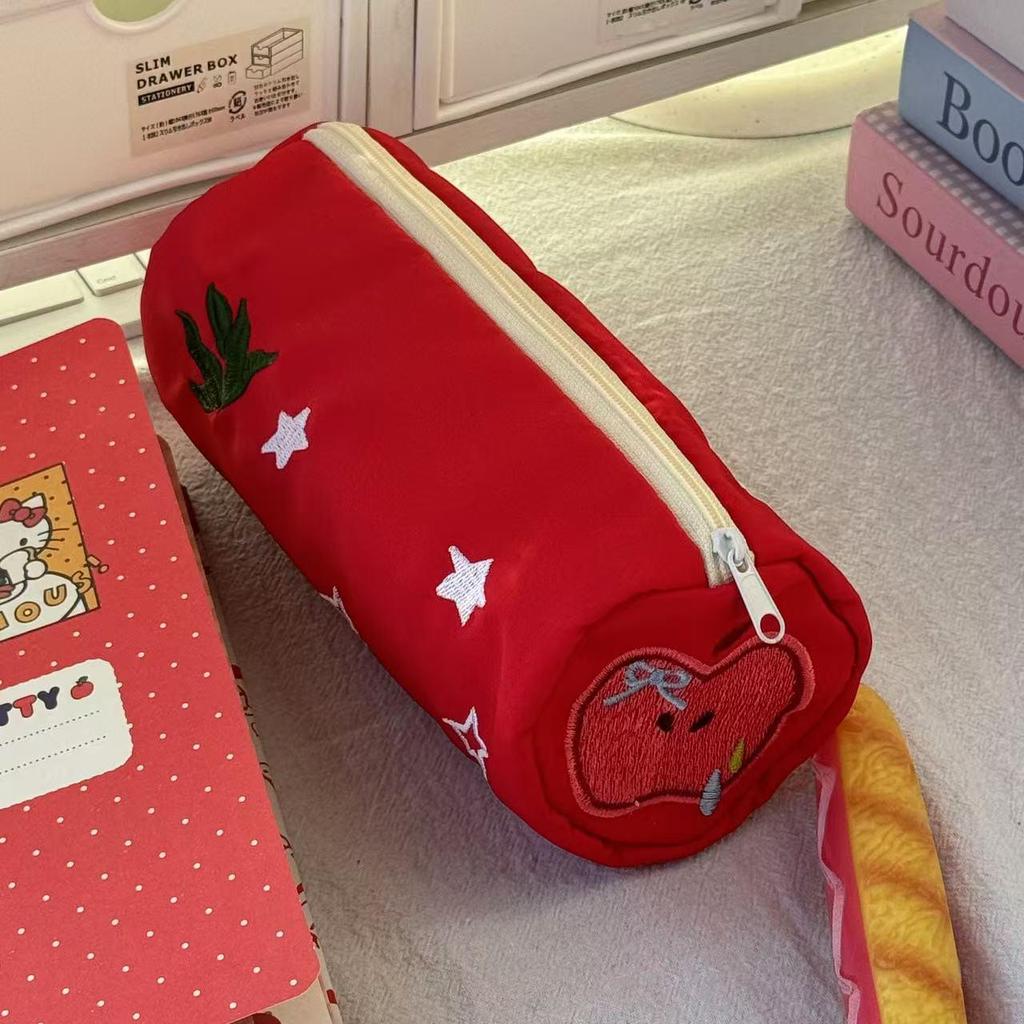 Green Apple Embroidered Pencil Case - Cute, Large Capacity Pencil Storage Bag