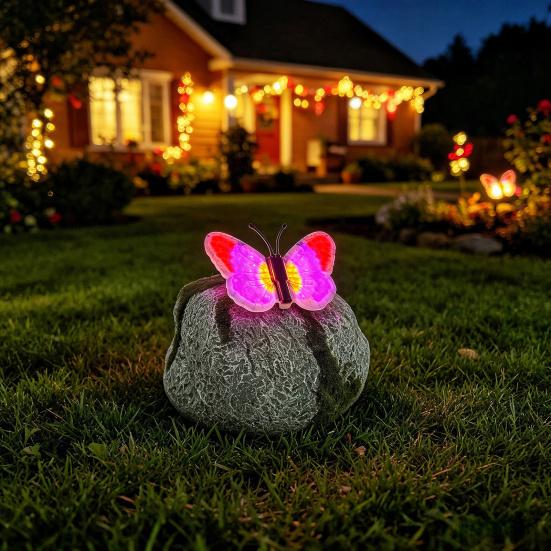 Yousheng Solar Butterfly Stone Light, Resin Garden Decoration with Natural Stone Look, Soft LED Outdoor Lamp for Lawn Pathway