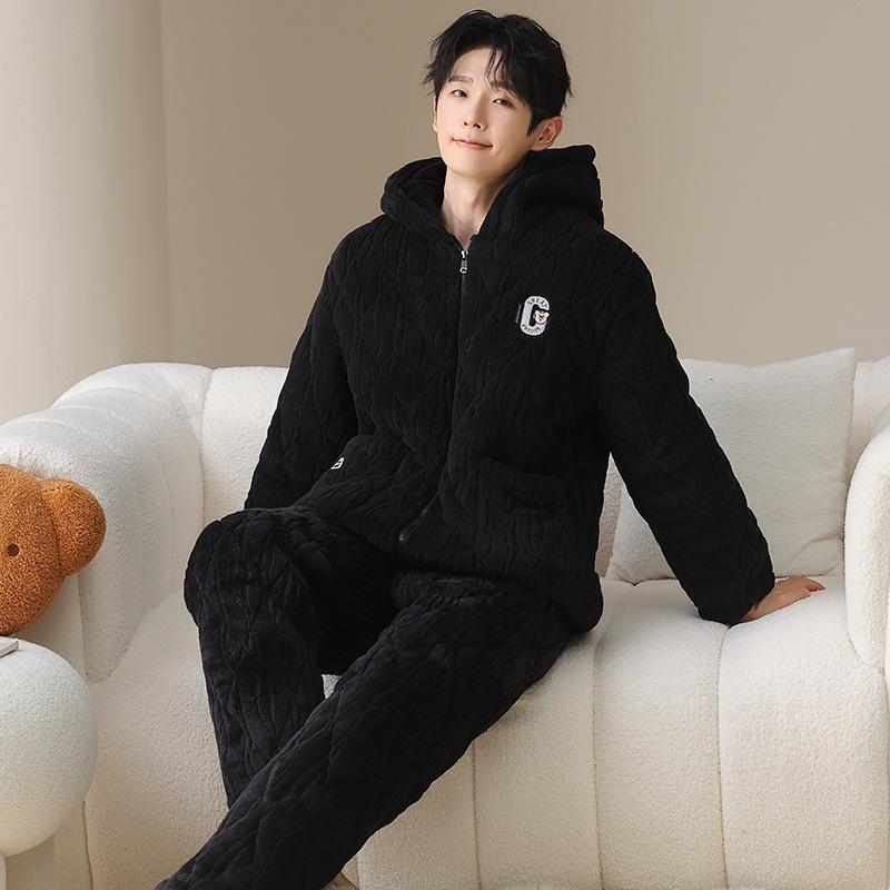 Couple pajamas winter coral fleece padded three-layer thickened fleece thermal storage warm men's and women's hooded loungewear set