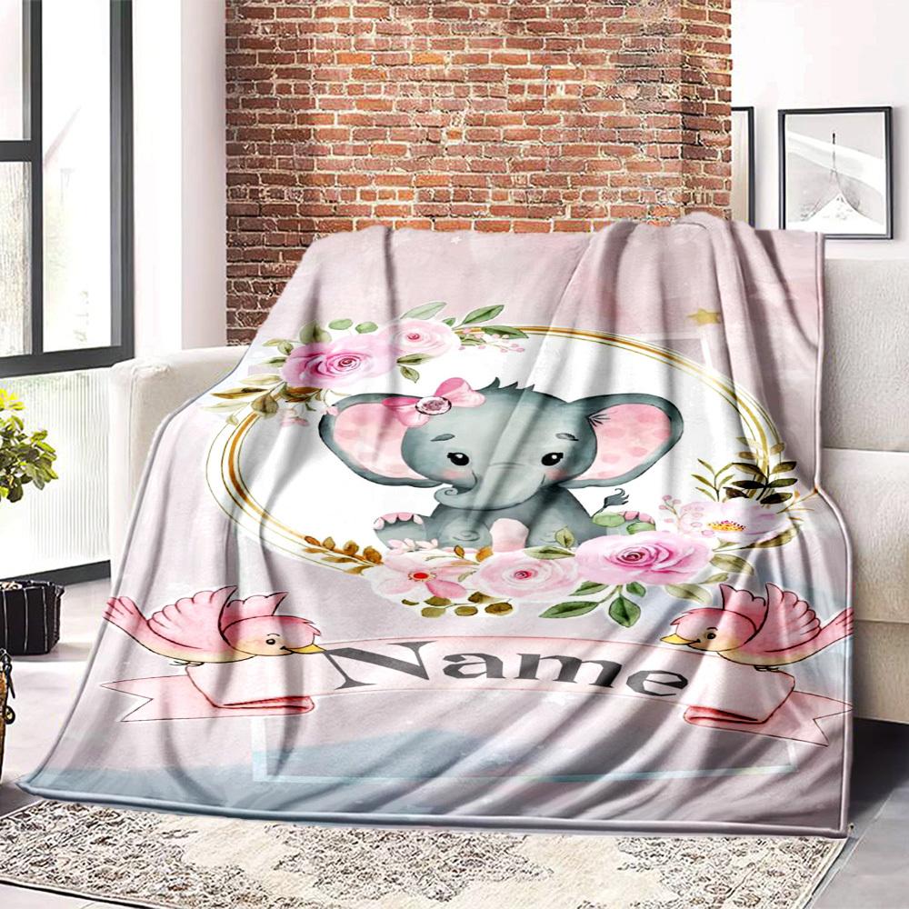 Elephant With Pink Flowers Home Customize Your Name Blankets Comfortable Soft Lightweight Allseason Multipurpose Blanket For Picnics Sofas Offices