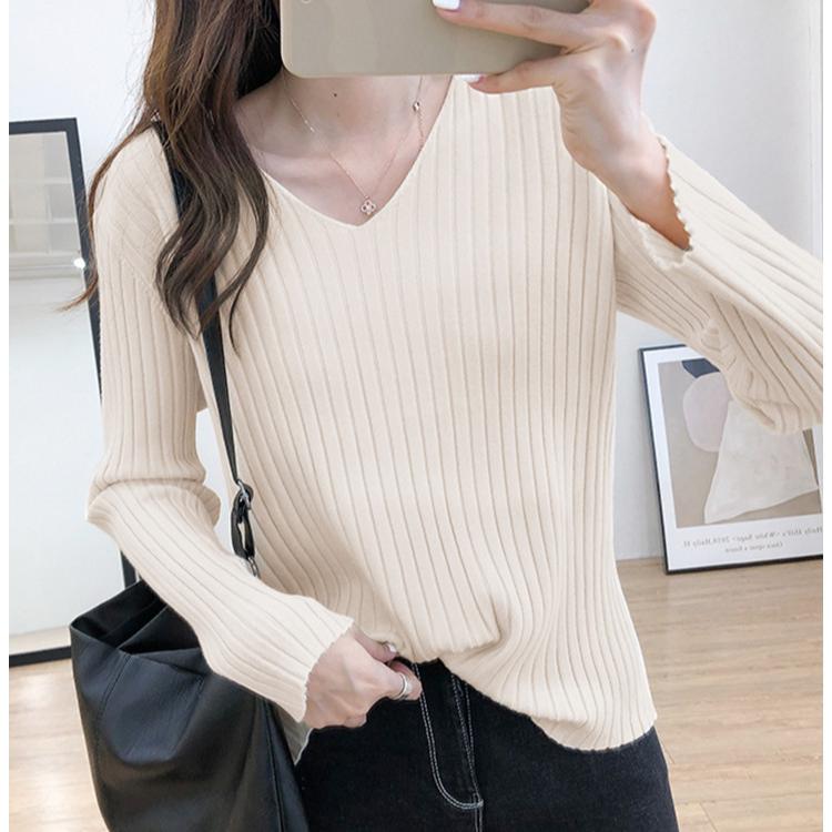 Autumn/Winter Knitwear Sweaters Women’s V-neck Pit Strip Pullover Long Sleeves Bottom Top Casual Knitted Sweater