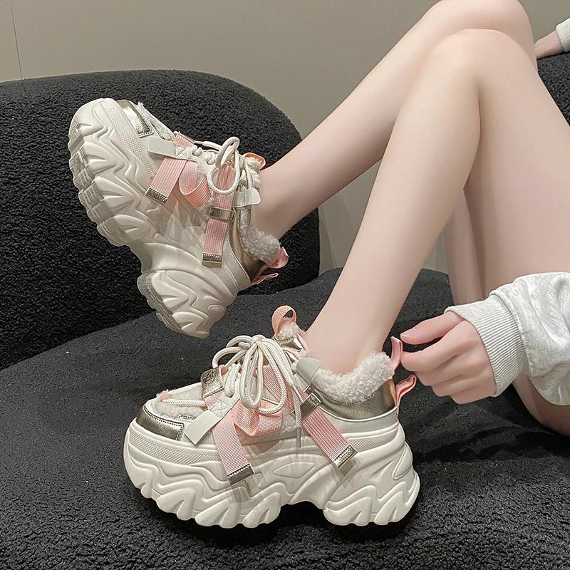 Fashion 8CM Winter Women's Chunky Fur Sneakers Warm High Platform Sports Shoes Woman Thick Sole Leather Casual Shoes Zapatillas Mujer
