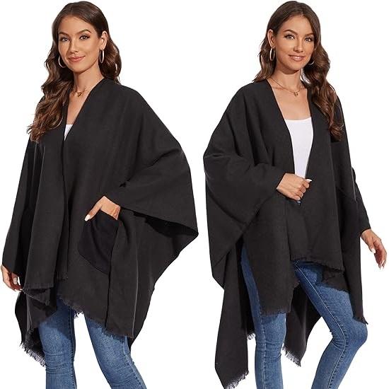130*150cm Shawl Wraps for Women with Pockets, Elegant Cashmere Feeling Wraps, Open Front Pashmina with Tassel Scarf Blanket for Spring Fall Winter