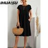 IHUASU Women's Fashion Summer Spring Solid Color Print O-Neck High Waist Casual Dresses