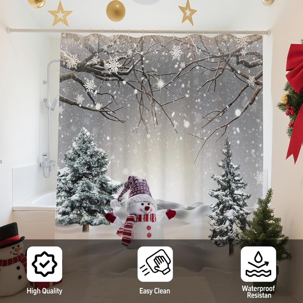 Christmas Shower Curtain Winter Snowman Xmas Pine Tree Shower Curtains For Bathroom Decor Waterproof And Mildew Resistant