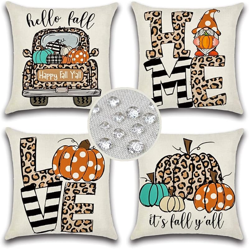 JOJOGOGO Осенние водонепроницаемые чехлы на подушки для улицы 45x45 Комплект из 4 штук Леопардовые подушки Любовь Дом Осенняя Тыква Грузовик Декоративные чехлы на подушки для дивана Софы Веранды 18  x 18  (Pack of 4)