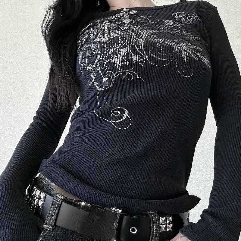 Y2K Spicy Girl Printed Long Sleeved Round Neck Slim Fit Top