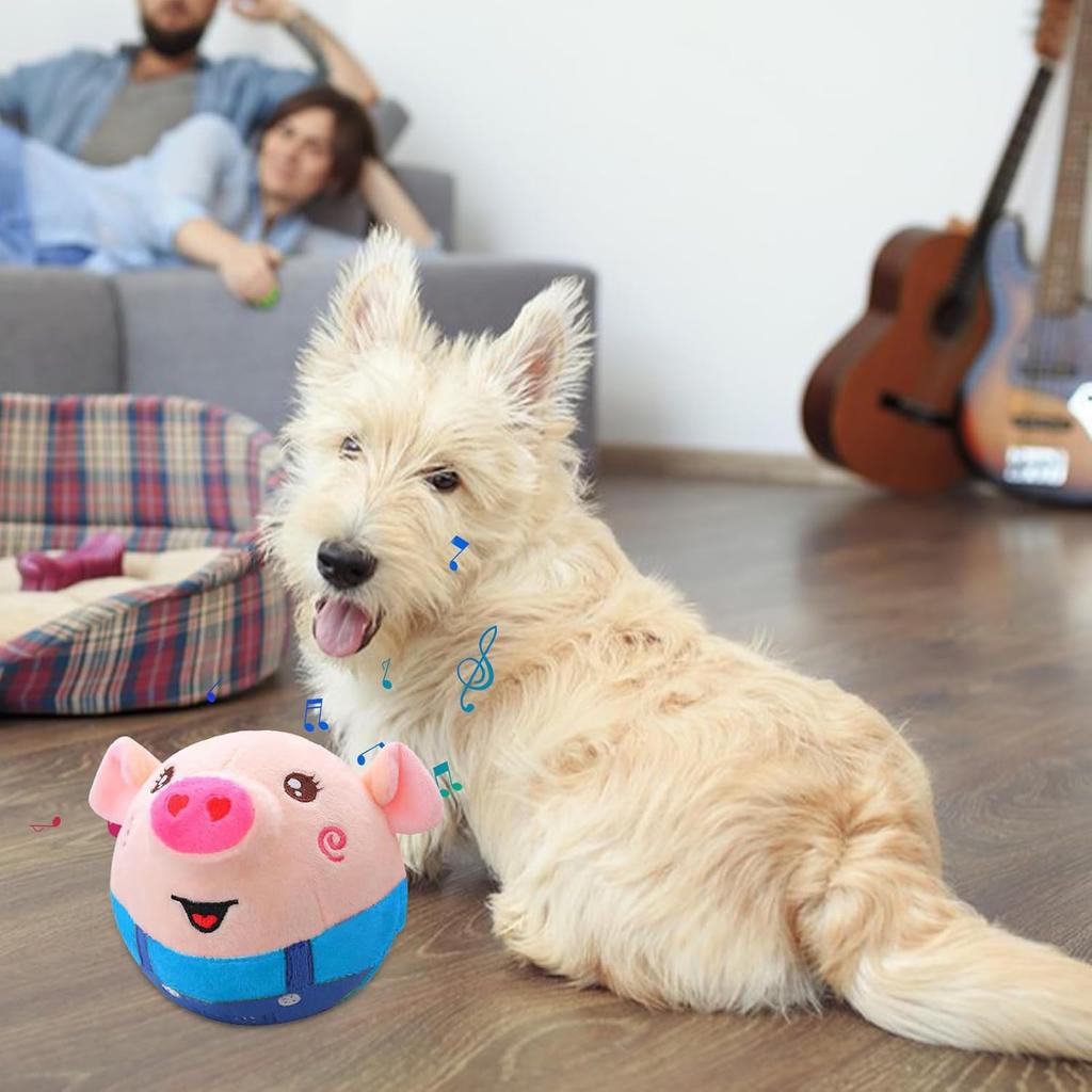 Active Moving Pet Plush Toy, Interactive Dog Pig Toy Pet Bouncing Balls, USB Rechargeable Interactive Washable Cartoon Pig Plush Sound Electronic Dog