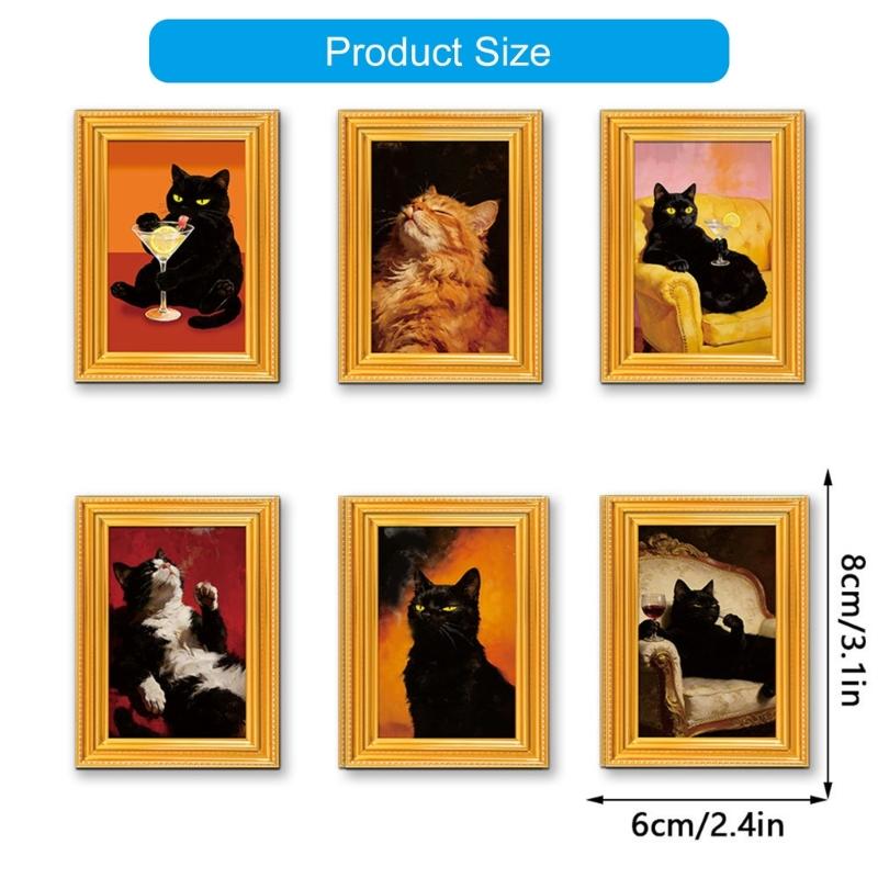 Set of 6 Cute Cats Design Art Print Wooden Frame Magnetic Sticekr for Refrigerator Decors Famous Painting Fridge Magnets