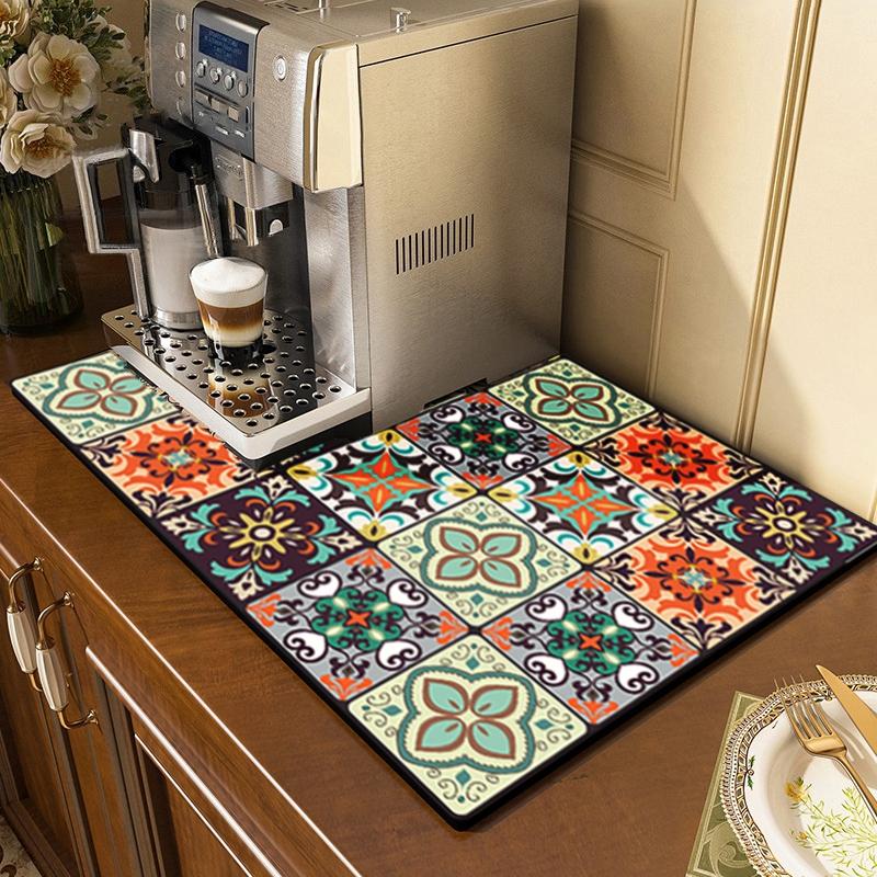 Retro Patterned Kitchen Countertop Mat Restaurant Drain Absorbent Pad Anti Mold Quick Drying Pad Non Slip Placemat Home Decor
