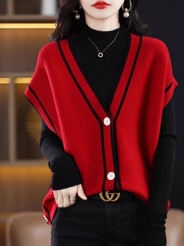 European & American V-neck Color Block Fleece Knit Vest - Autumn Loose Fit