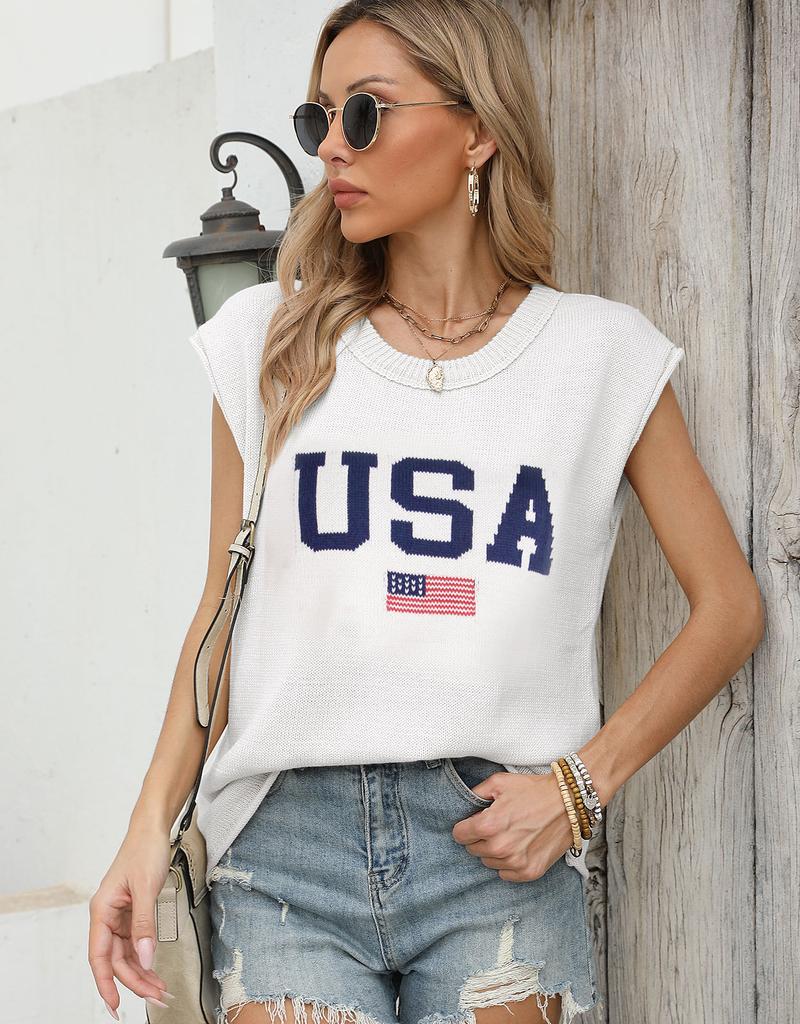 New American Flag Sweater European And American Fashion Round Neck Sleeveless Jacquard Plus Embroidered Top Women'S Factory