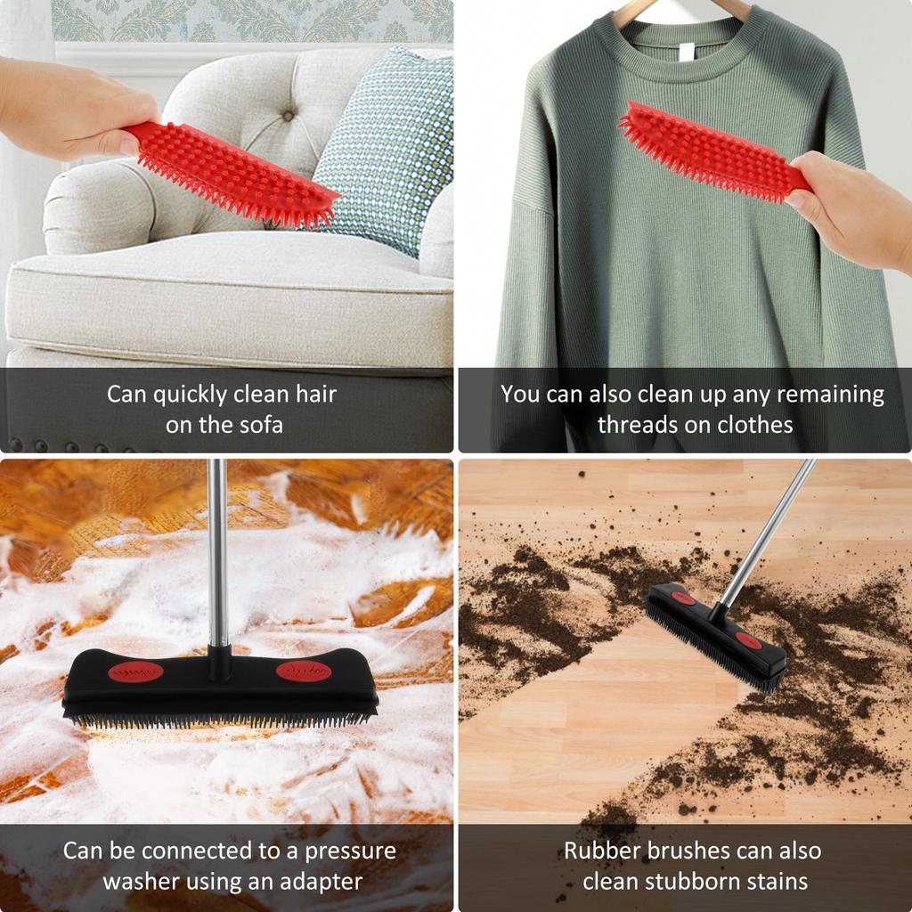 Rubber Broom Carpet Rake Pet Dog Cat Hair Lint Removal Floor Cleaning Brush Squeegee Adjustable Handle Push Broom Soft
