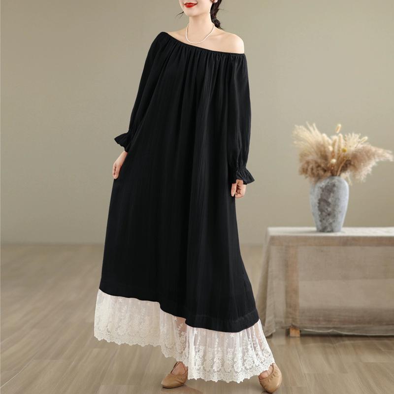 

Платье оверсайз в новом французском стиле, пэчворк, кружево, милое, с вырезом лодочкой, с открытыми плечами, которое стройнит и удлиняет One size чёрный