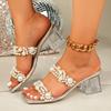 Transparent crystal high heels summer new pearl sandals thick heel square head wear one word large size slippers women