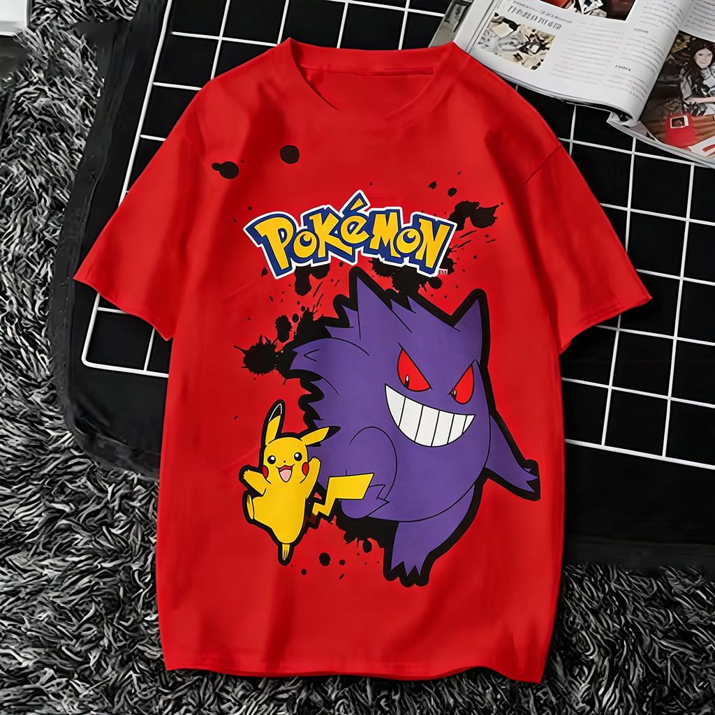 Bandai Pokemon Pikachu Gengar T Shirt Unisex Women Summer Cotton Short Sleeve Tee Anime Print Tops Streetwear Parentchild Clothing