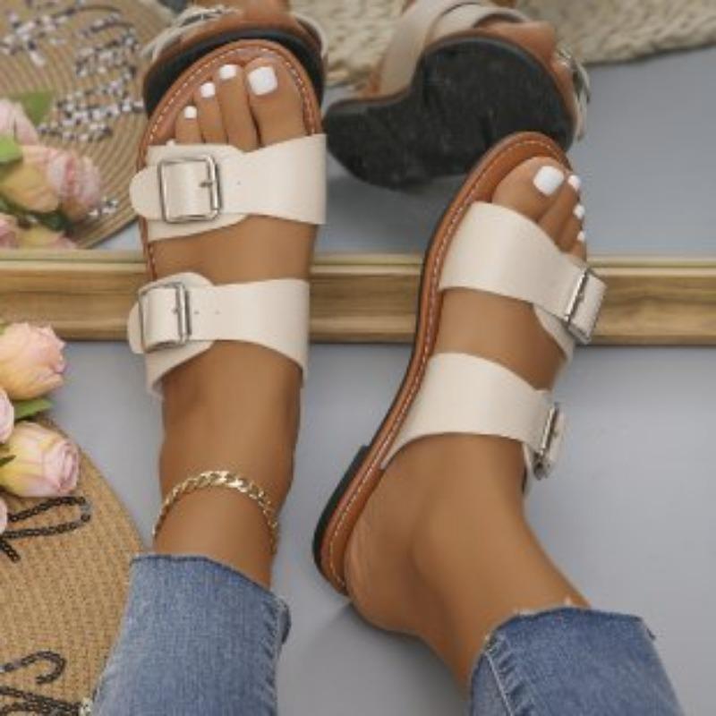 Open-toed Flat-bottomed Slippers Female Wish Large Size One-word Buckle Belt Outside Wearing Beach Cool Slippers Sandals