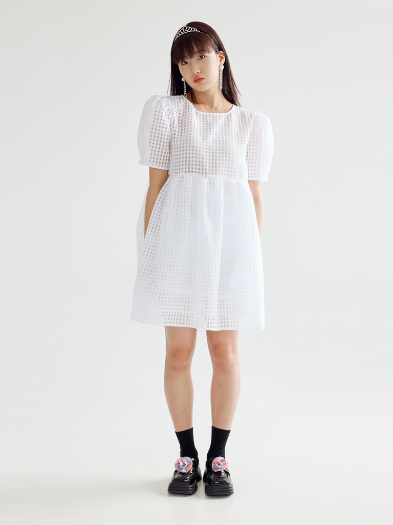 Bomnal Boutique Checked Voluminous Mini Dress _ White