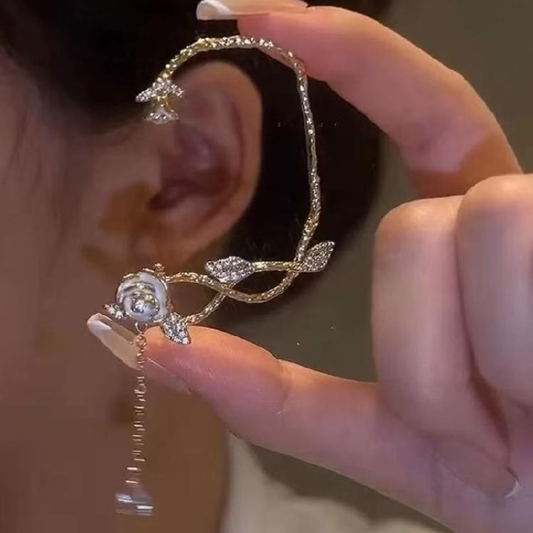 Camellia Tassels Ear Cuff with Zircon Comfortable Ear Clip Unique Flower Earring Handmade Evening Dress Accessory