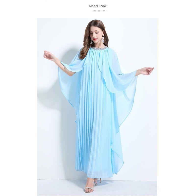 

Европейский Трансграничный Доступный Люкс Тяжелая Промышленность Хрустальные Стразы Плиссированный Пышный Лист Лотоса Длинный Пояс-Обмотка Длинное Платье Платье Light blue All yards