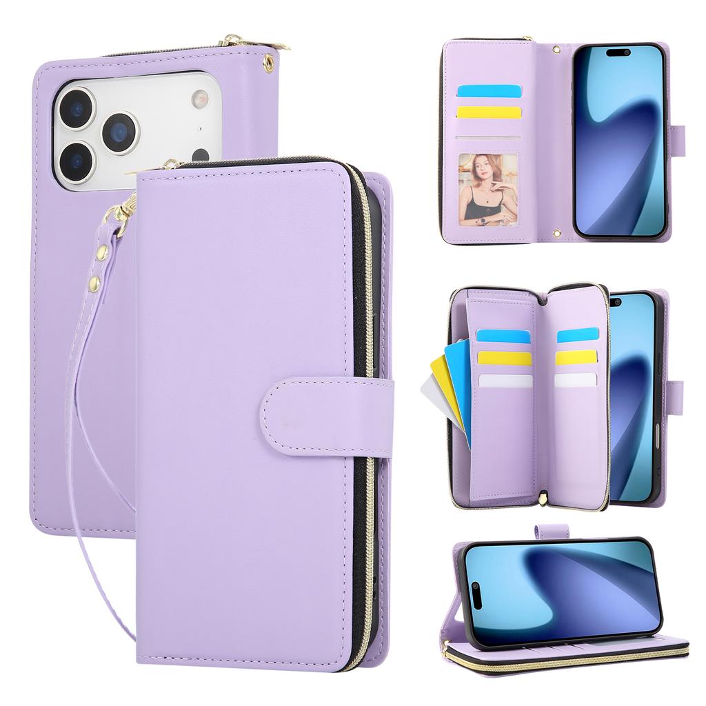 For iPhone 17 Pro Max Case 9 Card Slots Zipper Pocket PU Leather Cover with Wrist Strap