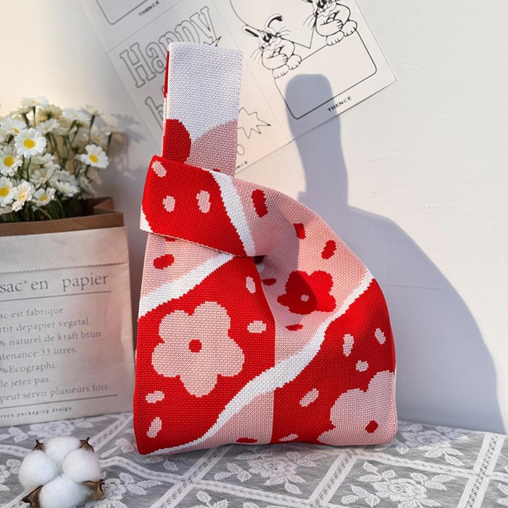 

Flower Print Tote Bag Large Capacity Shopping Bags Fashion Knitted Wrist Bag 02