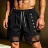Men Drawstring Elastic Waist Pockets Hollow Patchwork Casual Cargo Shorts Pants