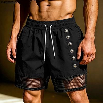 Men Drawstring Elastic Waist Pockets Hollow Patchwork Casual Cargo Shorts Pants