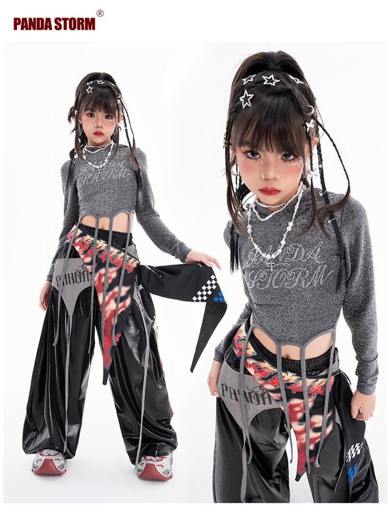 Dziewczęcy strój do tańca jazzowego z cyrkoniami - Zestaw koszulki z długim rękawem i spodni do tańca ulicznego i na występy