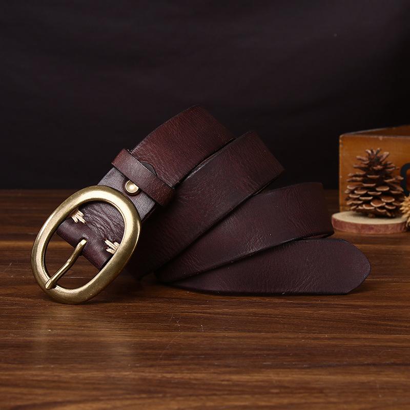 3.3Cm Wide Retro Unisex Leather Belt Simple And Versatile Couple First-Layer Cowhide Jeans Belt Men