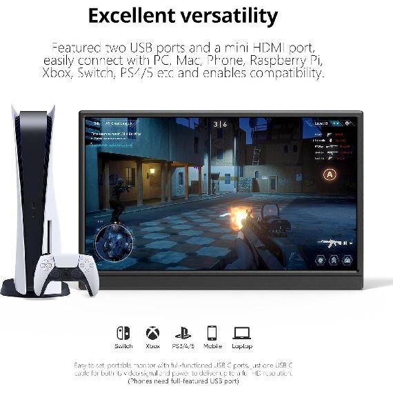 Portable Monitor 15.6 Inch 1080P USB-C HDMI Ultra-Slim Travel Monitor with Kickstand, for Laptop, PC, Mac Phone, PS, Xbox, Swich IPS Ultra-Thin Zero