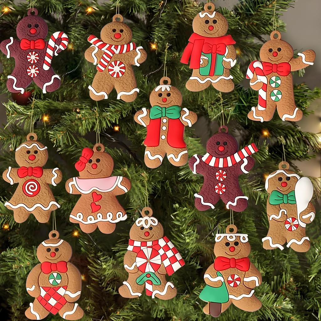 Set of 12 Gingerbread Man Ornaments, 3 Inch Christmas Tree Decor with Assorted Designs - Festive Holiday Hanging Collection
