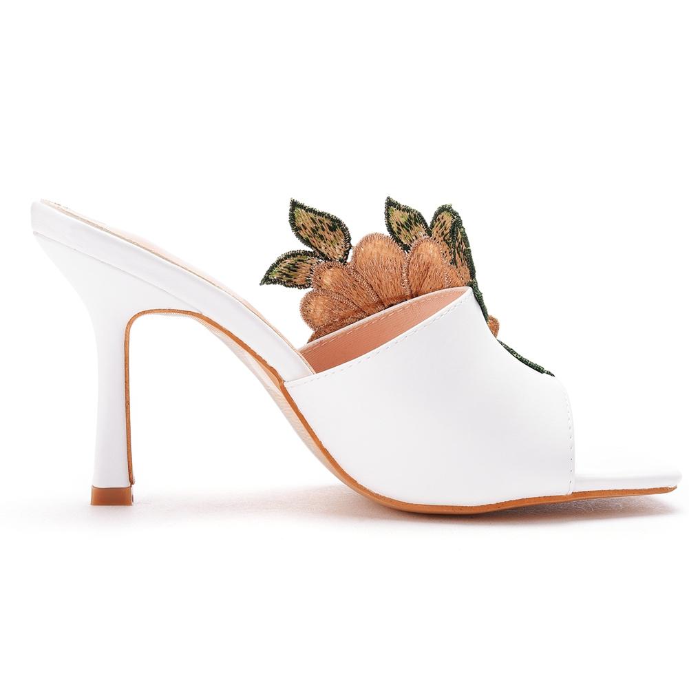 Summer Lace Flower Square Toe Heels High Quality PU Slippers Gladiator Sandals Womens Slides Shoes