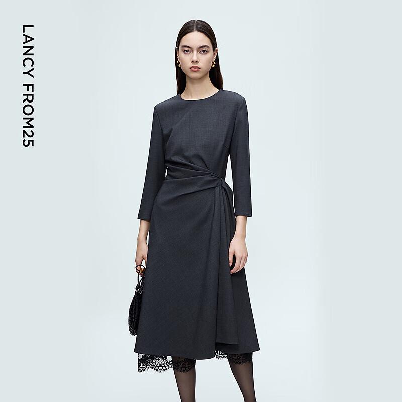 

LANCY Women s Dark Grey Pleated H-line Long Sleeve Dress M