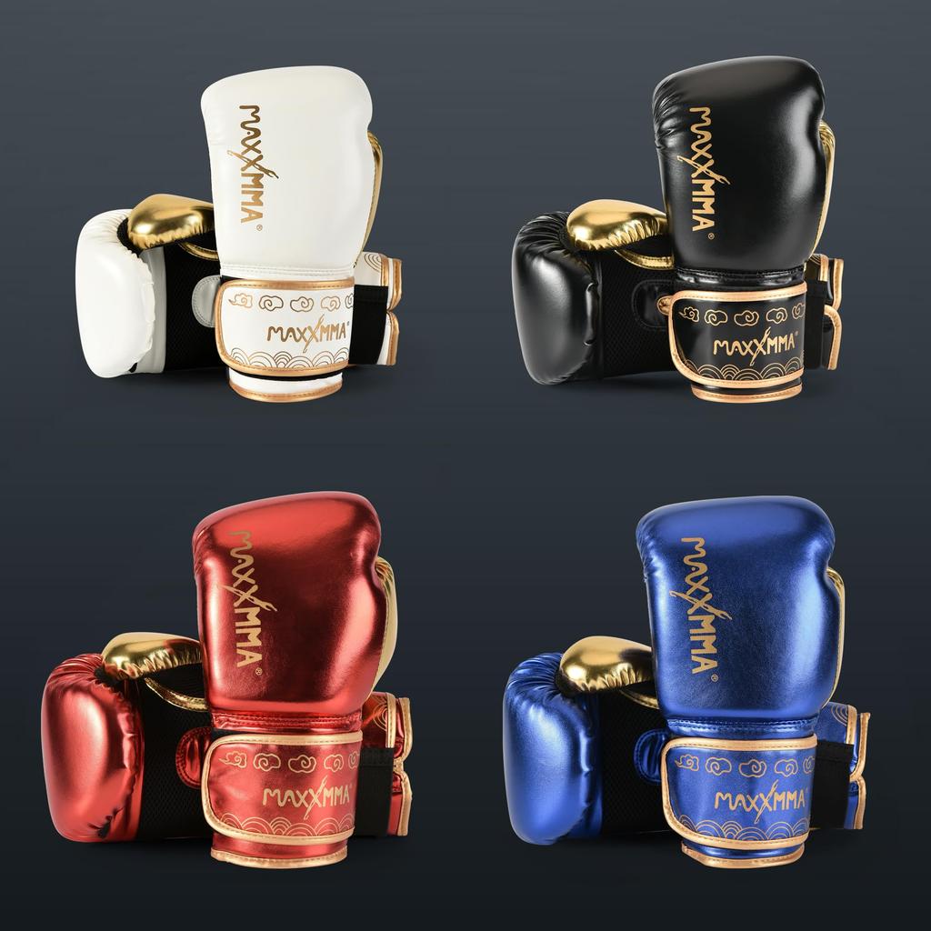 MaxxMMA Boxing Breathable Punching Gloves for and MMA Training Red Gloves, Kickboxing, MMA, (10oz, & Gold)