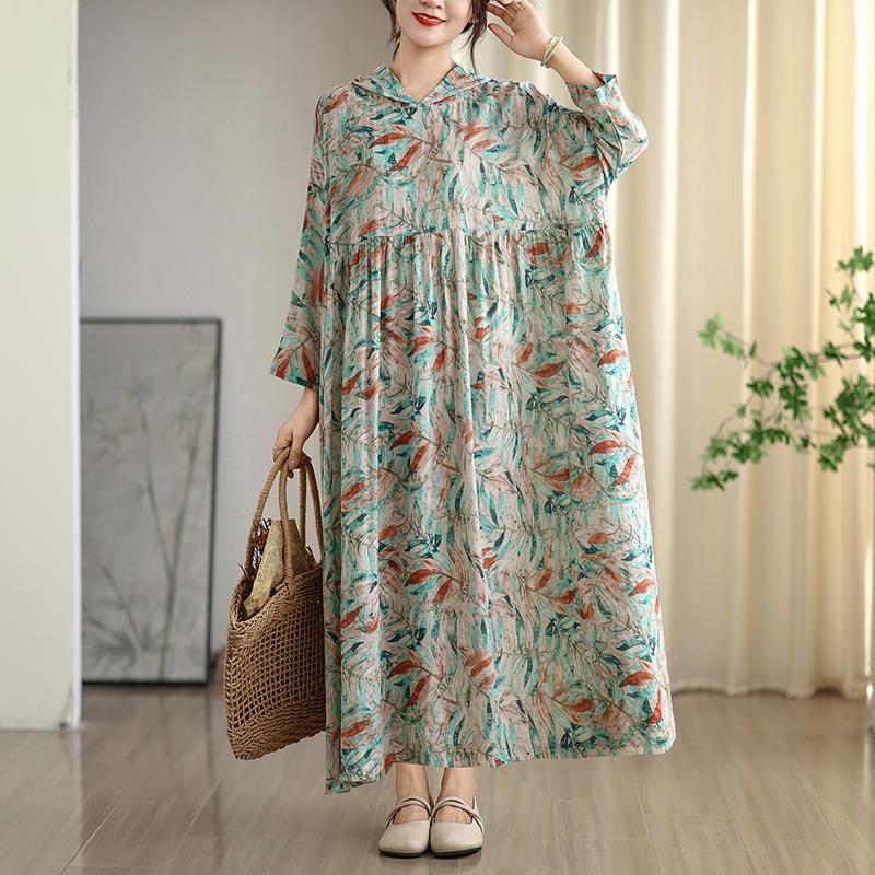 DIMANAF 2025 Damen Übergröße Langes Hutkleid Lockerer O-Ausschnitt Druck Lässig Floral Übergröße Langarm 8108