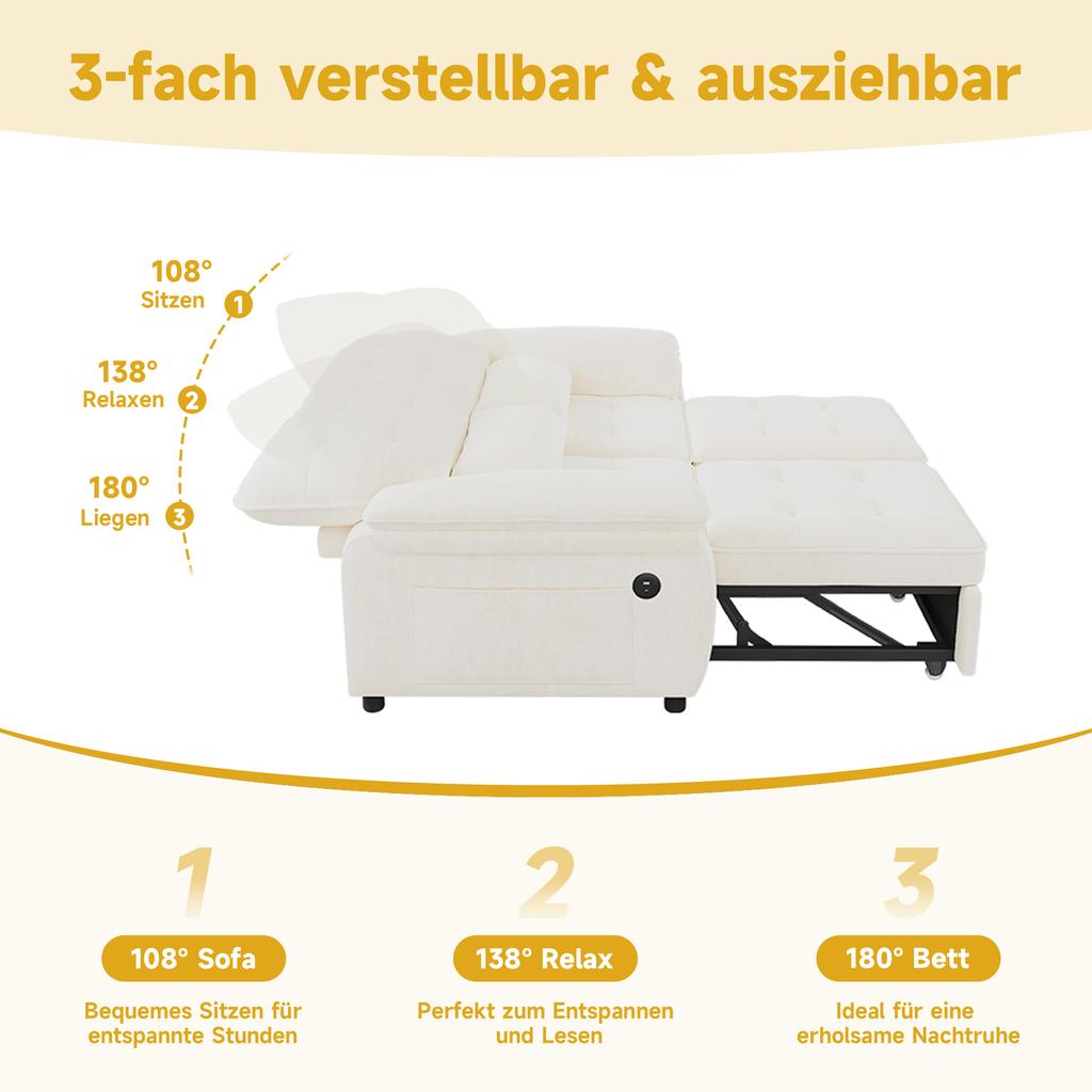 3-in-1 Double Sofa Bed with Adjustable Backrest and Bed Function, Convertible Sofa with USB Charging Port, Chenille Fabric, Beige, Incl. 2 Cushions