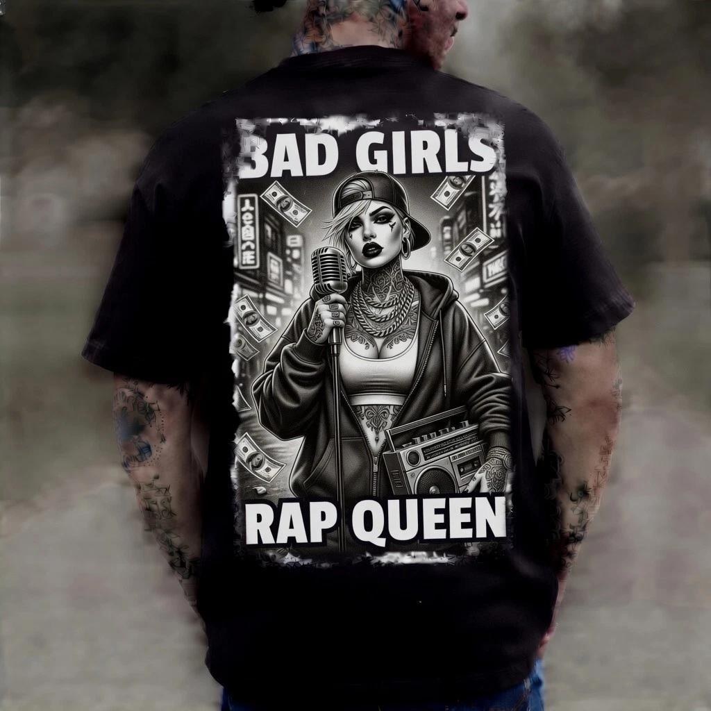 Bad Girls Rap Queen Black Graphic T-Shirt Street Tattoo Edgy Tee S