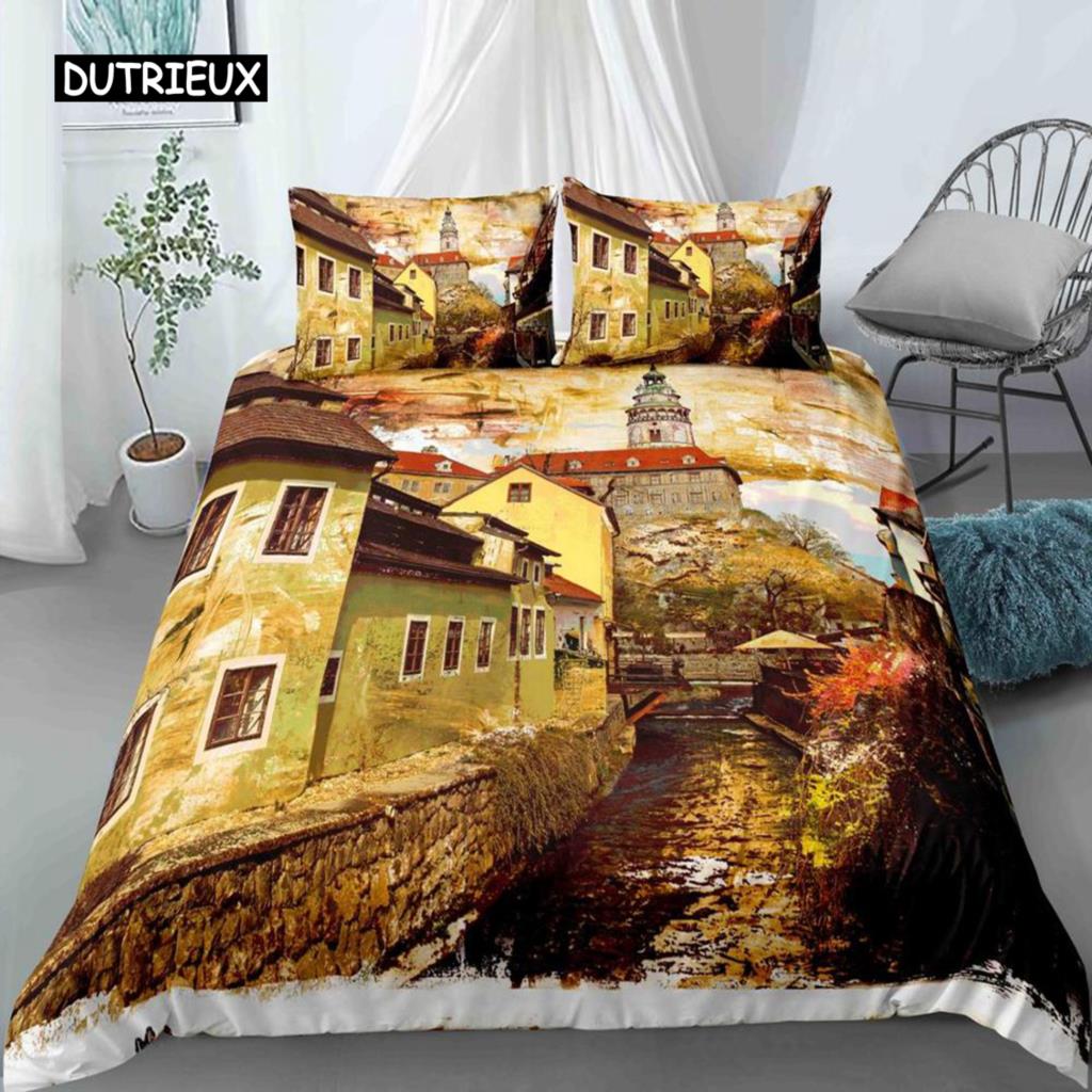 Oil Painting Landscape King Dimension Queen Size Bedspread Cover Natural Scenery Sleep Bedding Collection Teen Adult Floral Ocean Building Heavy-duty