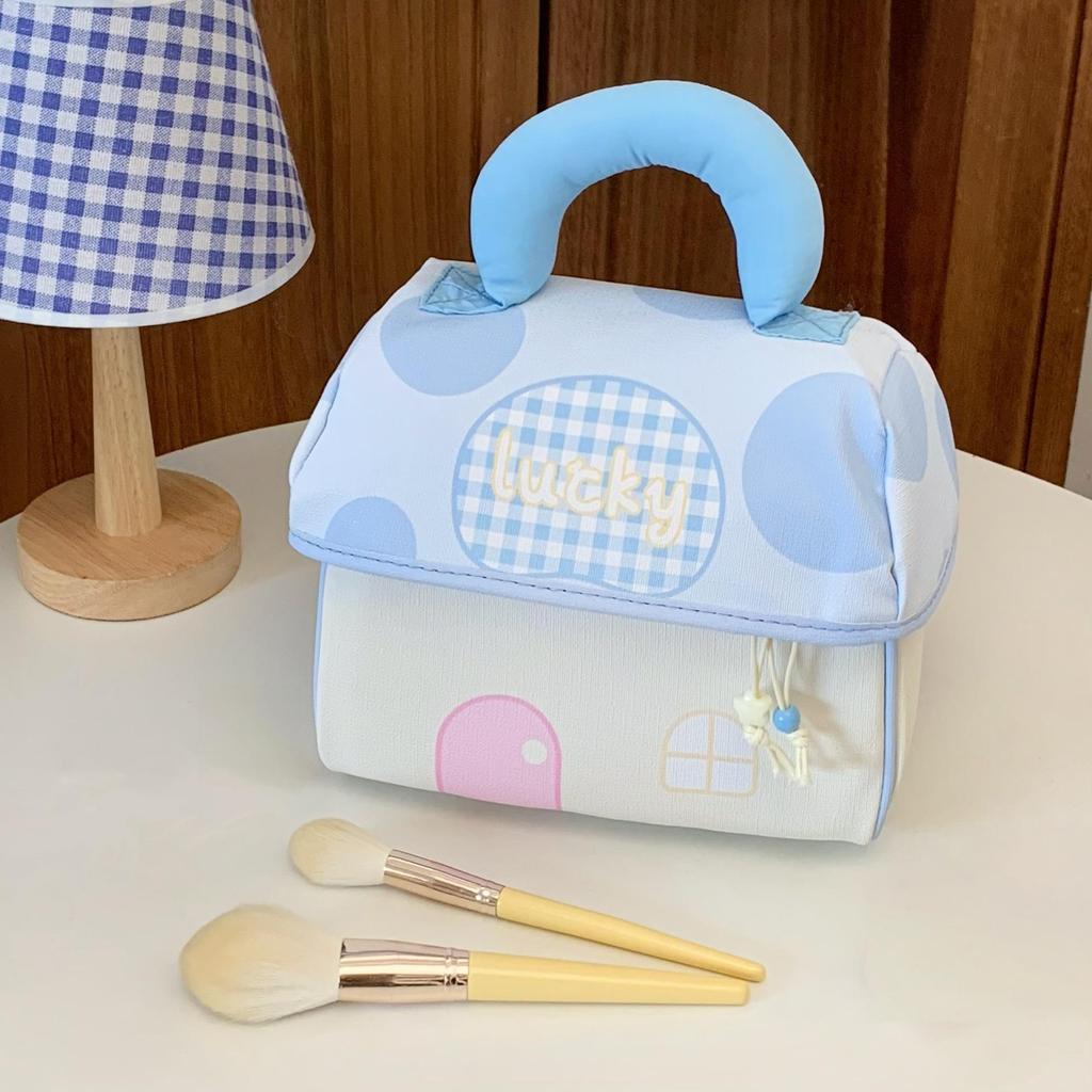 Portable Cosmetic Bag Makeup Storage Bag Organizer with Handle, Pink Blue Polka Dot Design