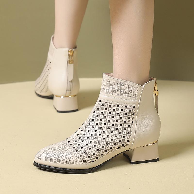 Fashion GKTINOO Ankle Boots Zipper Footwear Hollow Out Fashion Ladies High Heels Round Toes Genuine Leather Summer Shoes