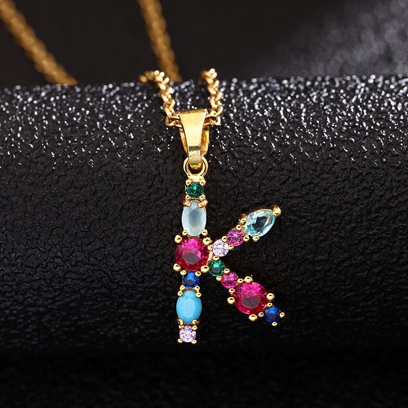 Colier de cupru pentru femei, cu 26 de litere, cu zircon colorat, agat și lanț din oțel inoxidabil