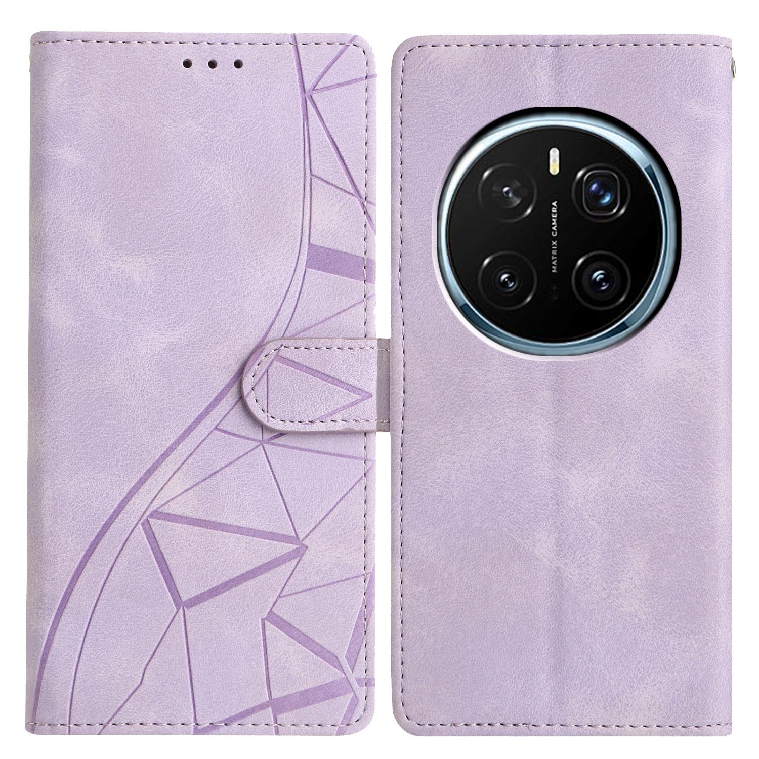 

For Honor Magic7 Pro 5G Case Wallet Stand Imprinted Triangle Pattern Leather Phone Flip Cover Purple